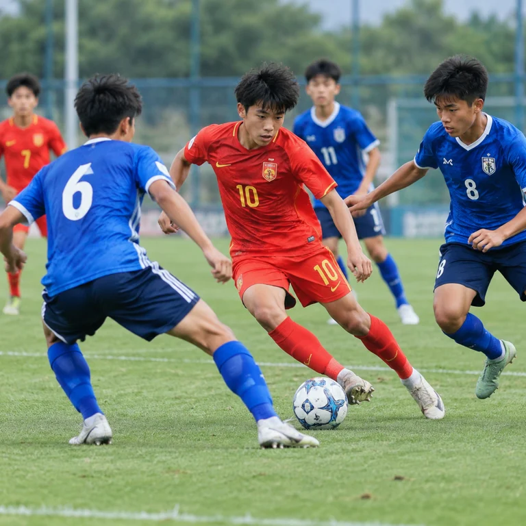 国少球员在比赛中观察对手并组织防守