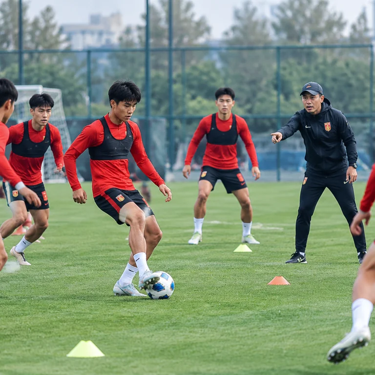 中国足球年轻球员在训练场上进行战术演练