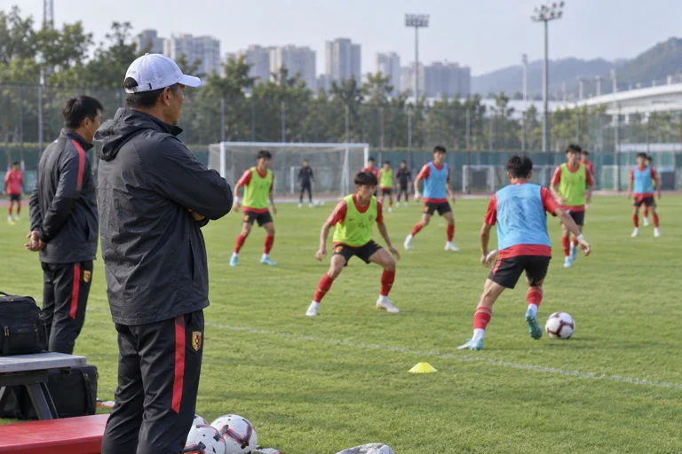 中国U17国足训练场景，教练观察球员跑位与团队配合，体育新闻摄影风格